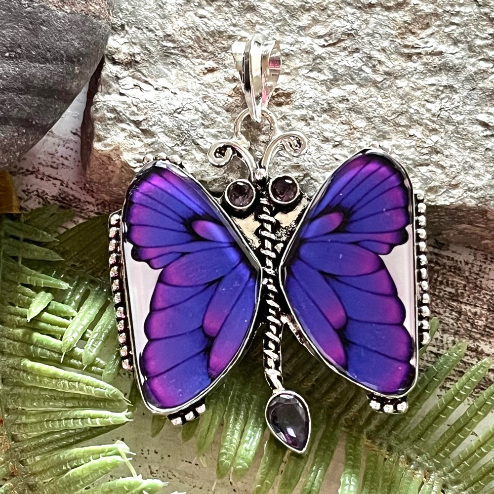 Fancy Dichroic Glass Purple Butterfly 2.3” Pendant